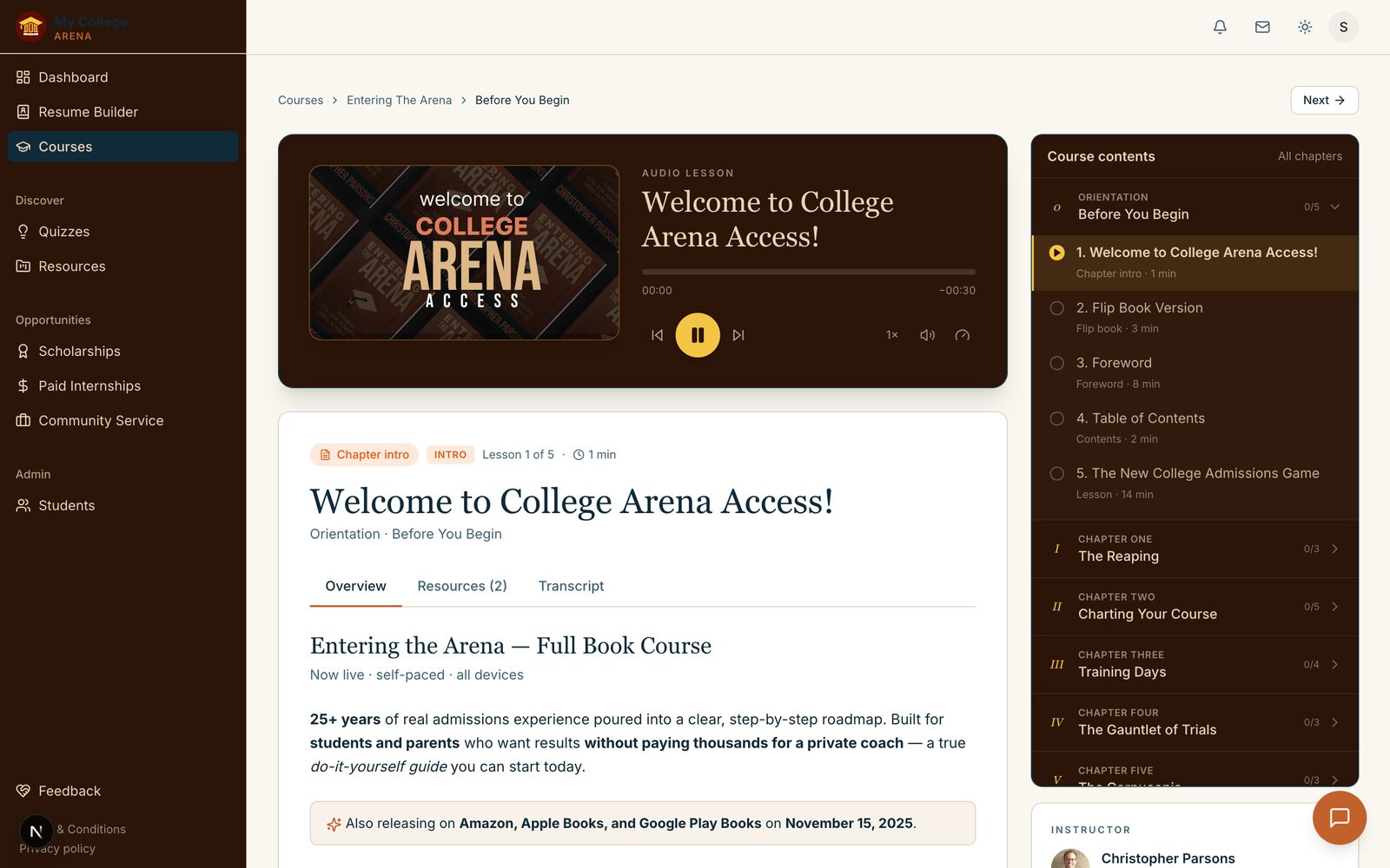 A lesson with the audio player and follow-along transcript
