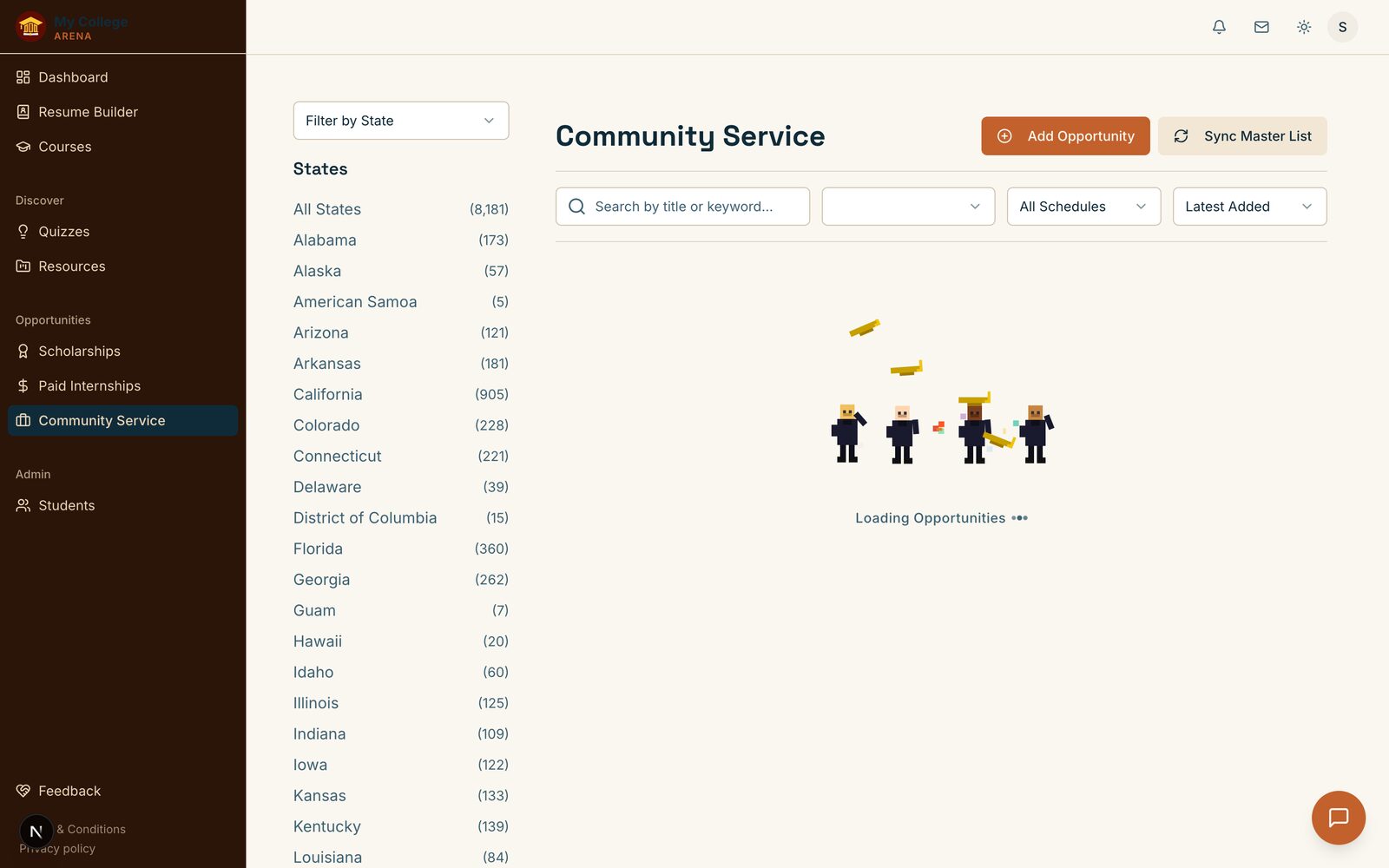 The community service board inside my-arena.app