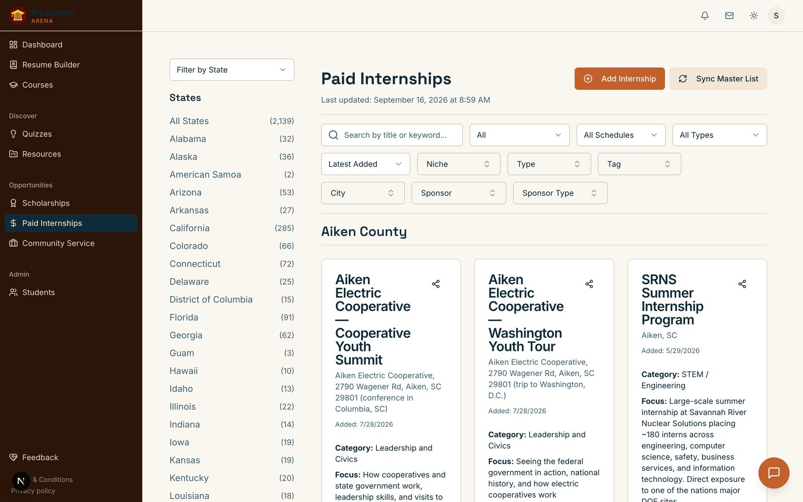 The paid internships board inside my-arena.app