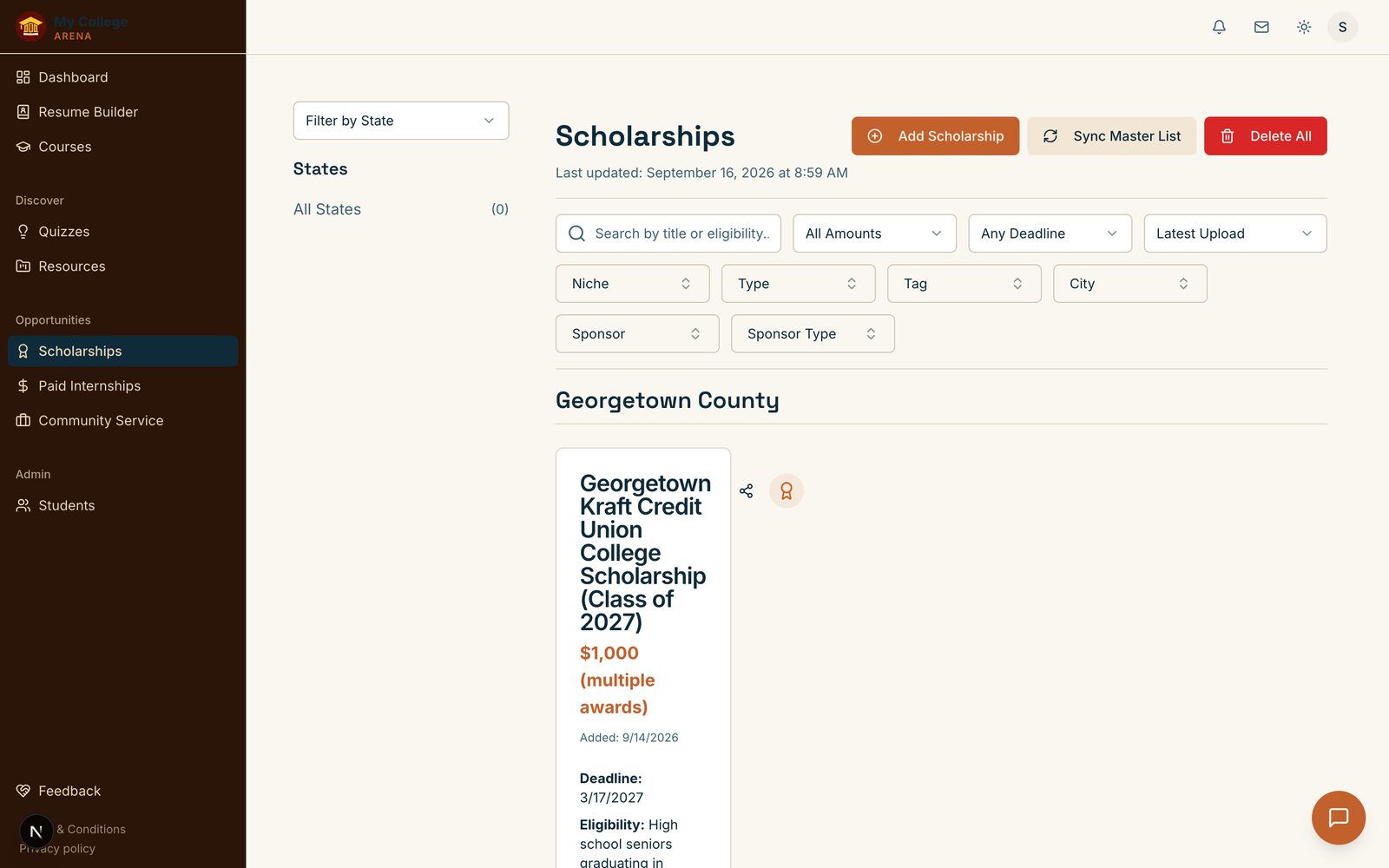 The scholarships board inside my-arena.app