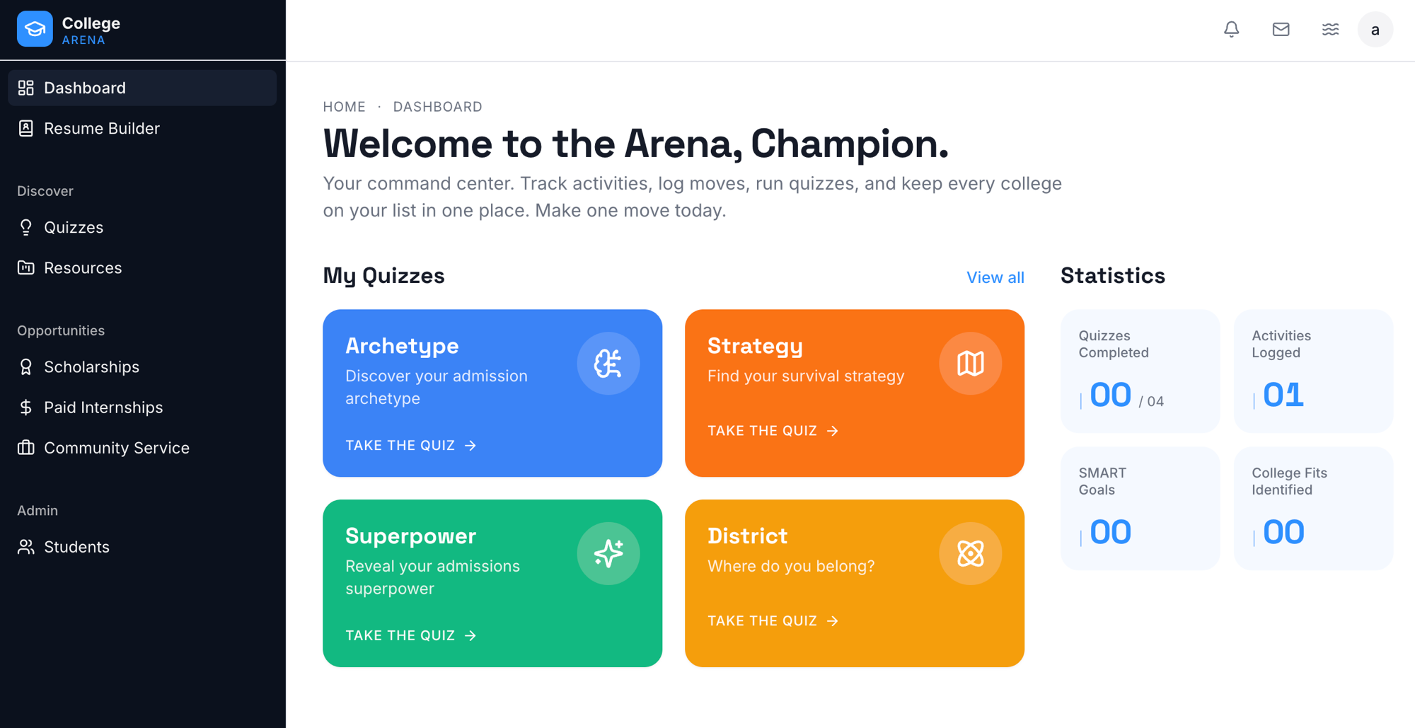 College Arena dashboard — welcome screen, quizzes, and progress statistics